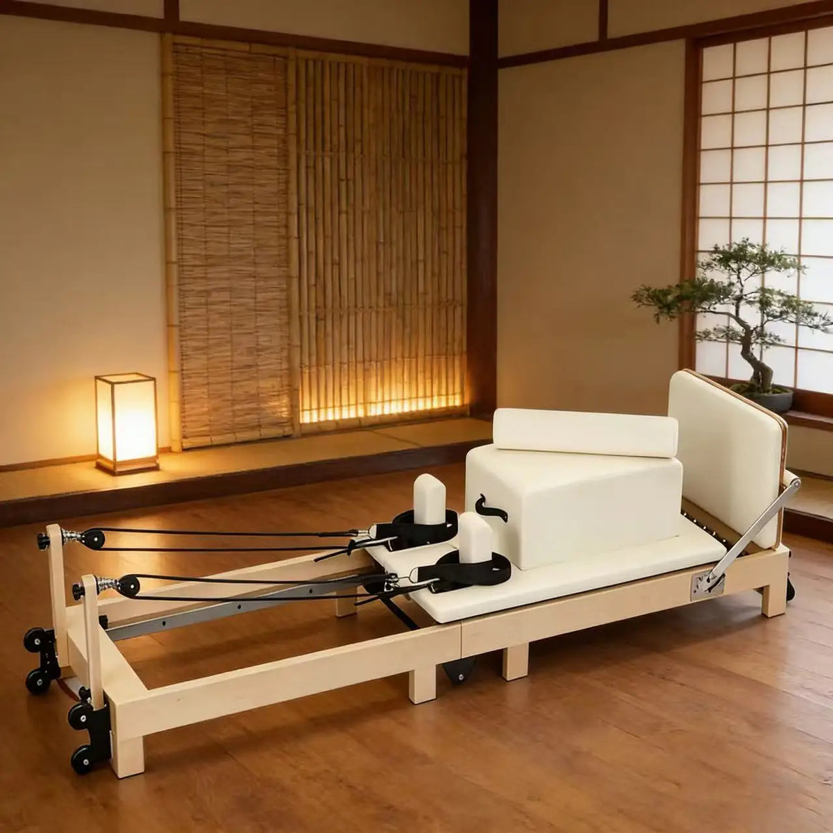 Reformer Pilates pliable en érable, sellerie crème