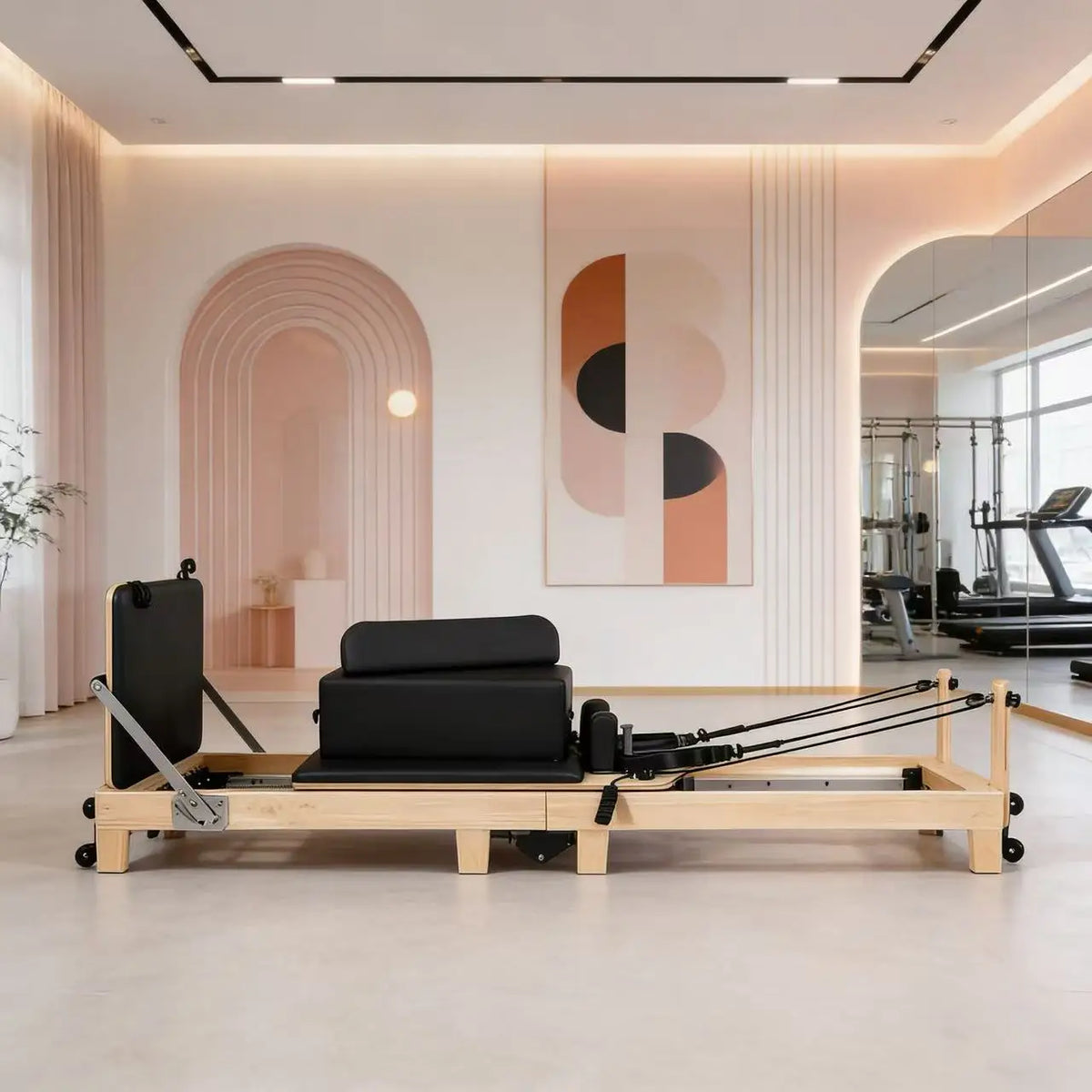 Reformer Pilates en érable, vue de côté